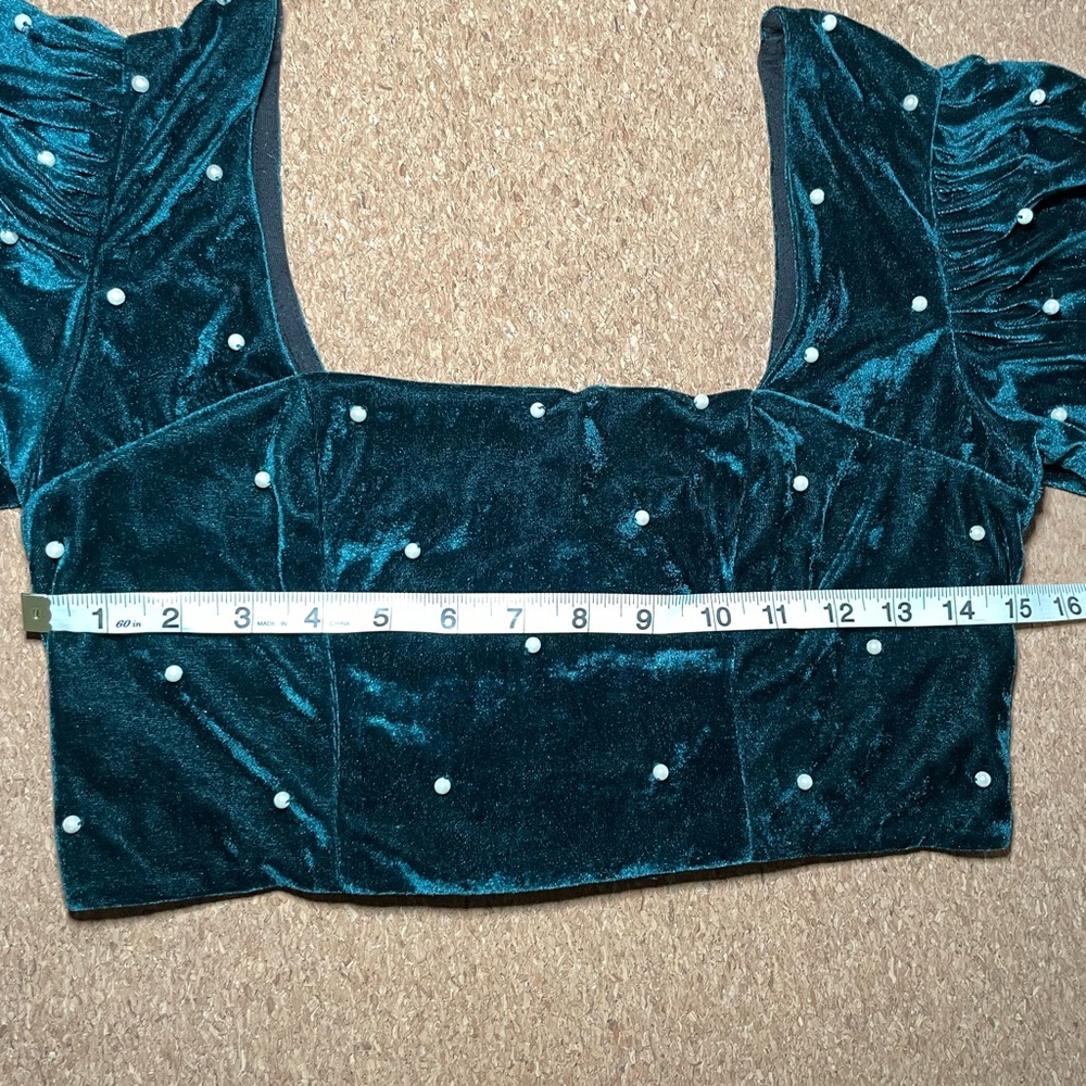 2pc Urban Outfitters Perla deep green velvet puff sleeve top +high waist pants M - Picture 4 of 9